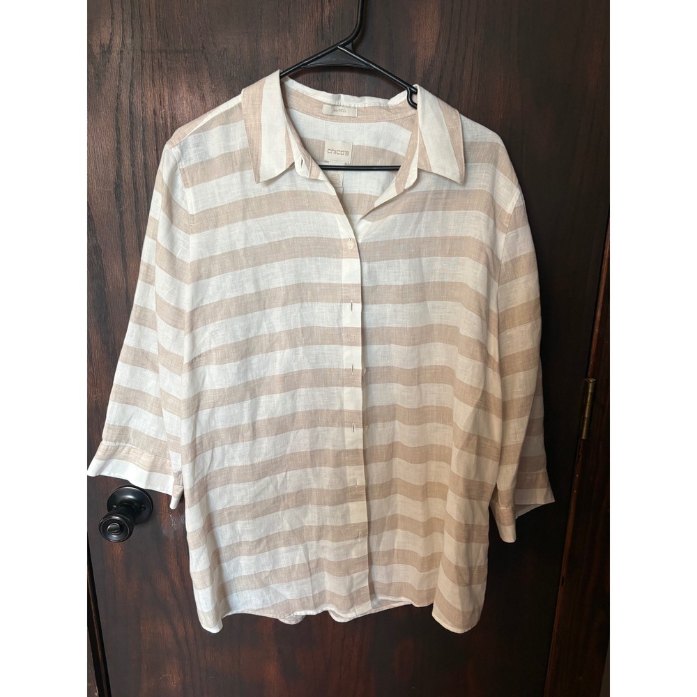 Chicos Size 3 100% Linen Striped Button Down Shirt Tan White Womens Size XL